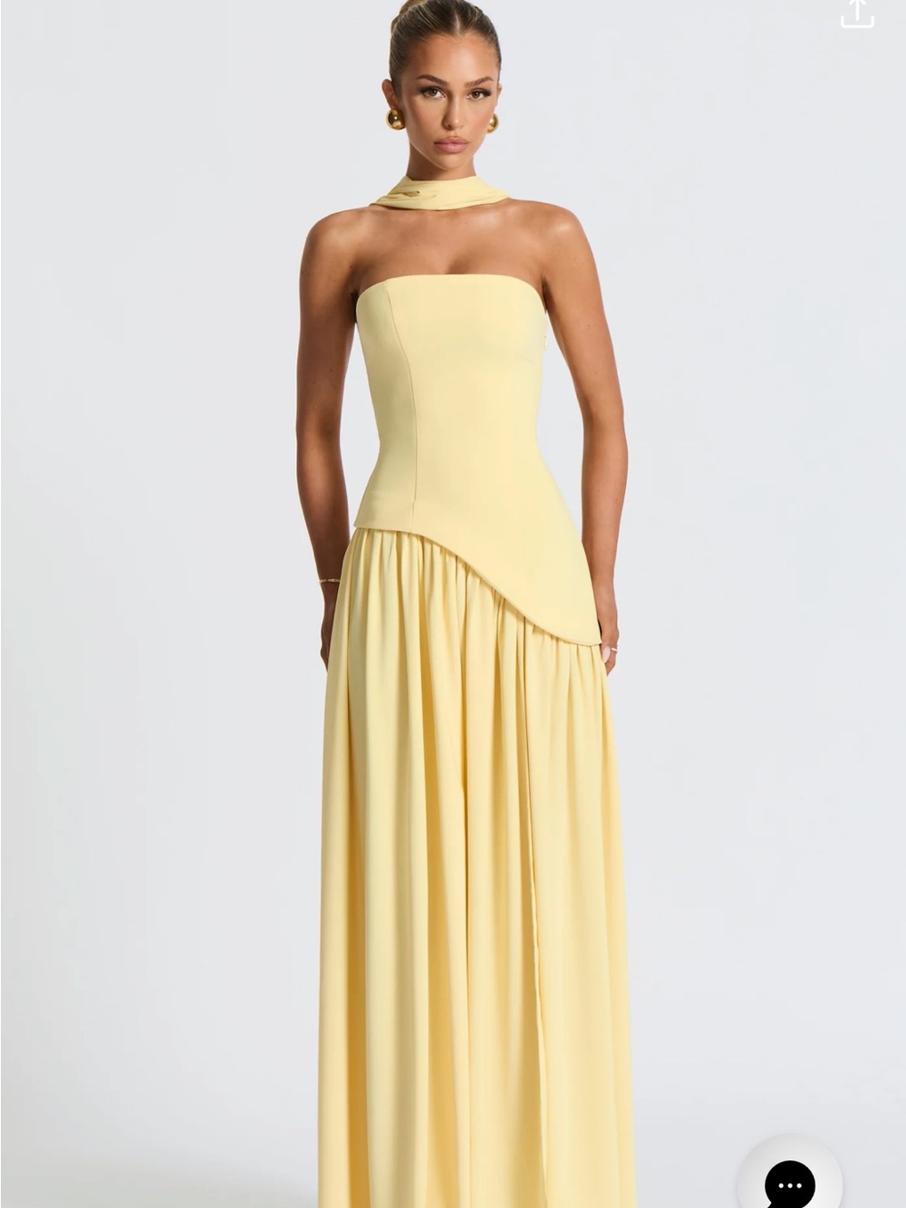 Strapless Pale Yellow Maxi Dress with Neck Scarf